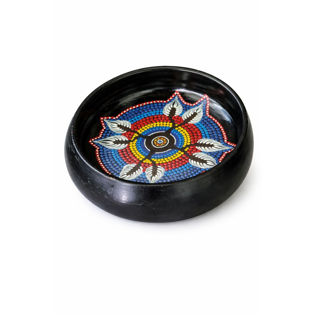 Hand-Painted Mandala Wooden Bowl | Black Folk Art Decorative Dish | Boho Decor